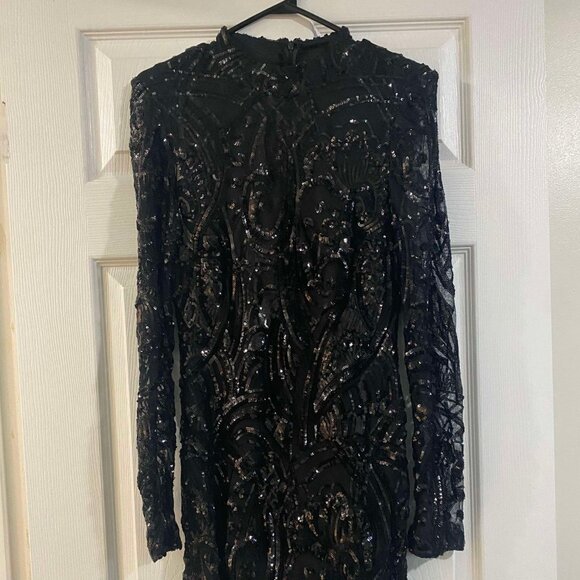 Honey- Long Sleeve Sequined Black Dress - Picture 2 of 7